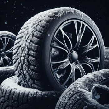 new tire with modern tread on black background brightly lit from above.