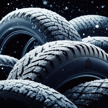 new tire with modern tread on black background brightly lit from above.