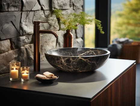 Stylish black marble vessel sink and chrome faucet. Interior design of modern bathroom.