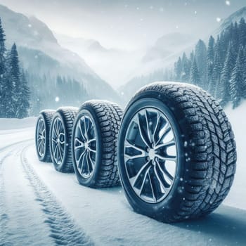 close up different winter tires on a snowy road in the mountains - snow storm.