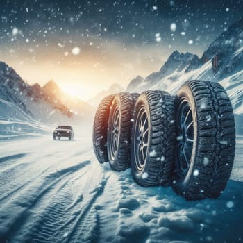 close up different winter tires on a snowy road in the mountains - snow storm.