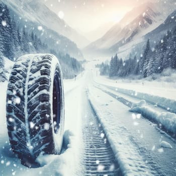 close up different winter tires on a snowy road in the mountains - snow storm.