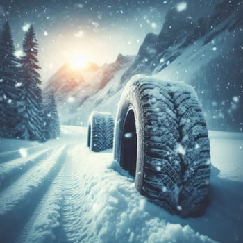 close up different winter tires on a snowy road in the mountains - snow storm.