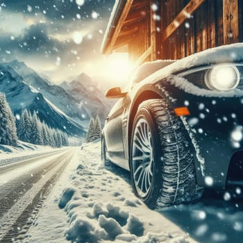 close up different winter tires on a snowy road in the mountains - snow storm.