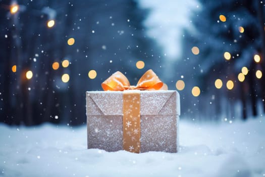 A large gift box lies in the snow, a perfect template for Christmas and New Year sales and discounts
