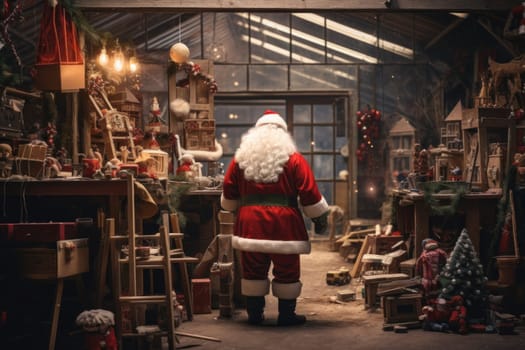 Santa Claus works diligently, creating and wrapping toys in his festive workshop for children's Christmas delight