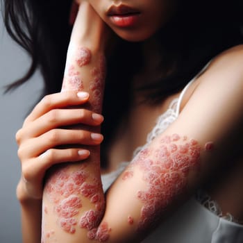 Young woman suffering from itching on her skin and scratching an itchy place. Allergic reaction to insect bites, dermatitis, food, drugs. Health care concept. Allergy rash.