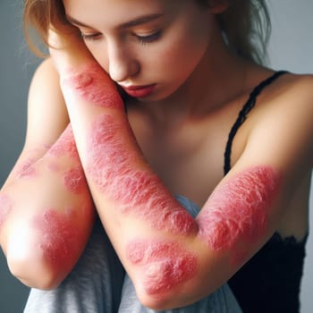 Young woman suffering from itching on her skin and scratching an itchy place. Allergic reaction to insect bites, dermatitis, food, drugs. Health care concept. Allergy rash.