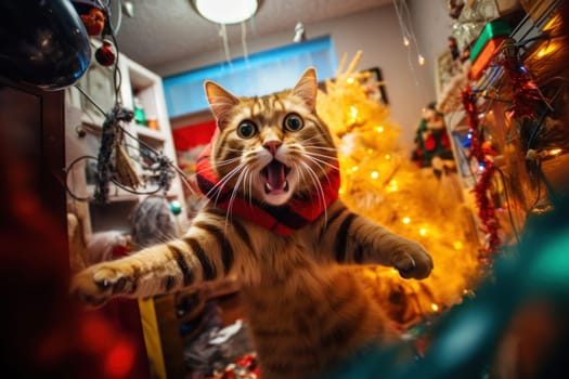 A mischievous cat left alone at home wreaks havoc in a room decorated for Christmas. A cat is having a merry Christmas