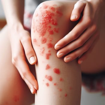Young woman suffering from itching on her skin and scratching an itchy place. Allergic reaction to insect bites, dermatitis, food, drugs. Health care concept. Allergy rash.