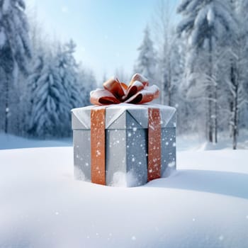 A large gift box lies in the snow, a perfect template for Christmas and New Year sales and discounts