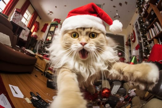 A mischievous cat in Santa hat left alone at home wreaks havoc in a room decorated for Christmas. A cat is having a merry Christmas