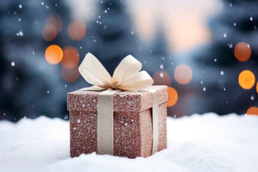 A large gift box lies in the snow, a perfect template for Christmas and New Year sales and discounts