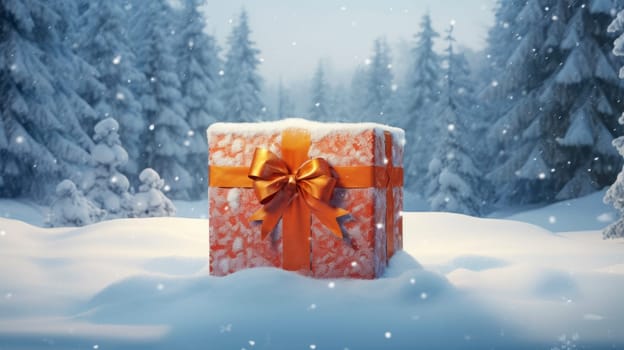 A large gift box lies in the snow, a perfect template for Christmas and New Year sales and discounts