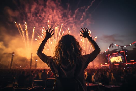 Woman at music festival with fire work. Generative AI.