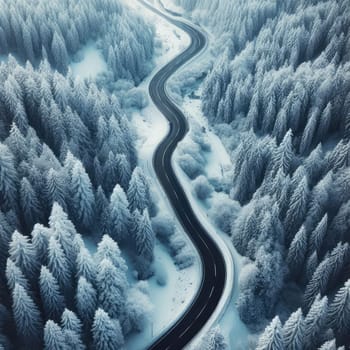 Snow covered trees and road line, aerial drone photo.