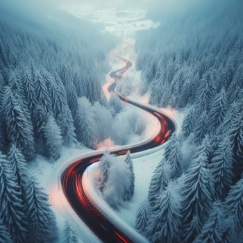 Snow covered trees and road line, aerial drone photo.