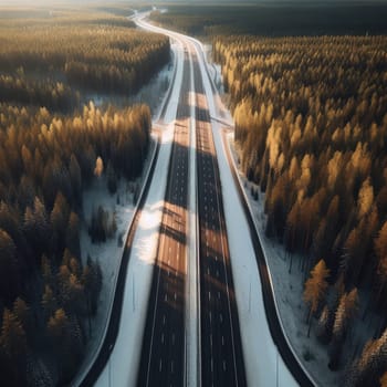 Snow covered trees and road line, aerial drone photo.