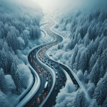 Snow covered trees and road line, aerial drone photo.