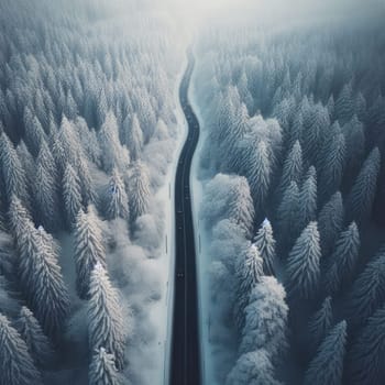 Snow covered trees and road line, aerial drone photo.