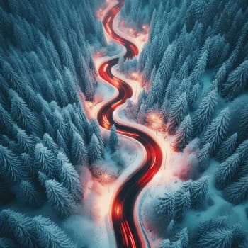 Snow covered trees and road line, aerial drone photo.
