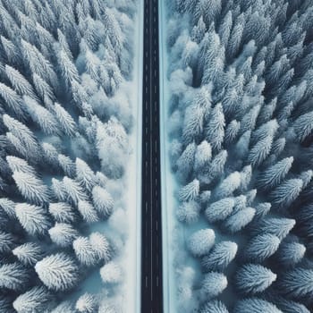 Snow covered trees and road line, aerial drone photo.