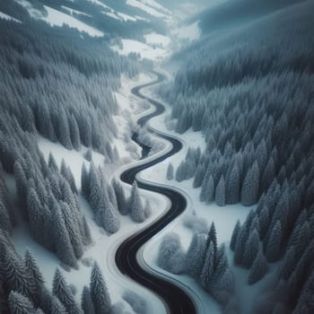 Snow covered trees and road line, aerial drone photo.