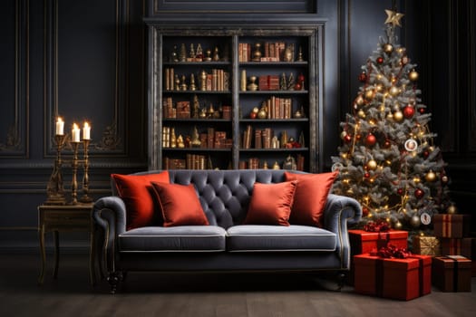 Christmas background with Christmas tree, gifts and fireplace against a wall . Mock up. Christmas card