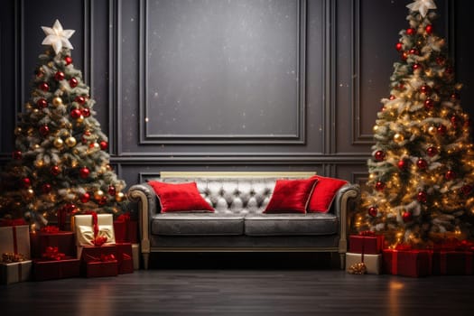 Christmas background with Christmas tree, gifts and sofa against a wall with empty space. Mock up. Christmas card