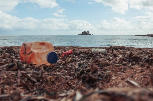 garbage on the seashore, plastic bottles and a lot of algae on the sand. Pollution of the environment and water bodies. close-up. The concept of saving the environment. High quality photo