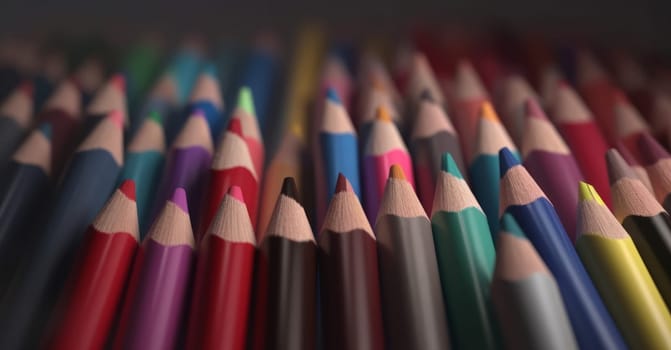 View of the smooth rows of colored pencils lying on the bottom. Wide background