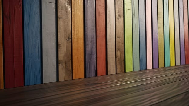 The background is made of multi-colored boards, in the form of a wall-floor, perspective. A place for your product