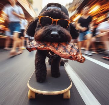 wise black terrier thieve wear cap sunglass escape on skateboard from street market with stolen juicy grilled steak ai art generated