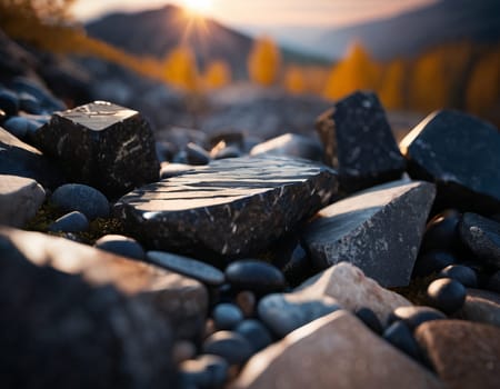 Beautiful cinematic mountain landscape with black marble and granite. High quality illustration