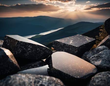 Beautiful cinematic mountain landscape with black marble and granite. High quality illustration