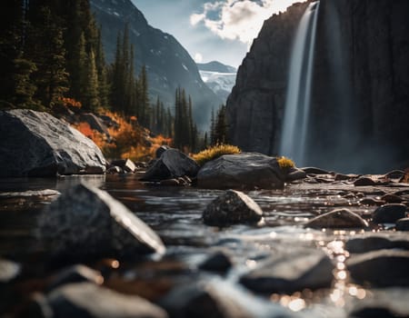 Beautiful cinematic mountain landscape with black marble and granite. High quality illustration