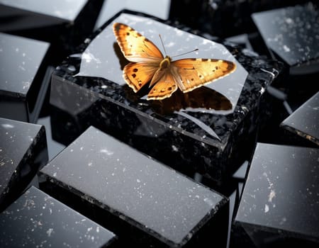 Professional background with butterfly on expensive black mountain granite and marble. High quality illustration