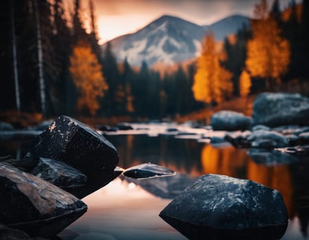 Beautiful cinematic mountain landscape with black marble and granite. High quality illustration