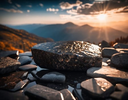 Beautiful cinematic mountain landscape with black marble and granite. High quality illustration