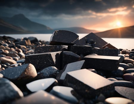 Beautiful cinematic mountain landscape with black marble and granite. High quality illustration