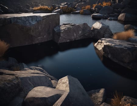 Beautiful cinematic mountain landscape with black marble and granite. High quality illustration