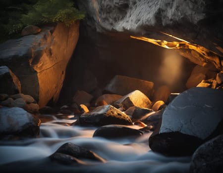 Beautiful cinematic mountain landscape with black marble and granite. High quality illustration