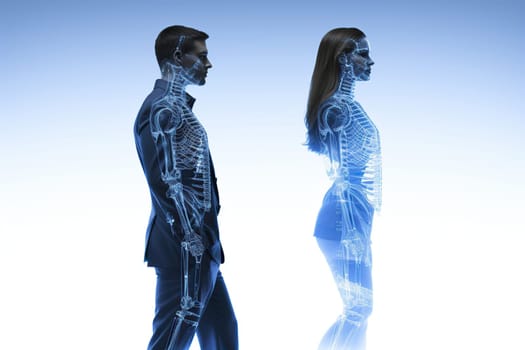 A man and a woman with translucent skeletons.