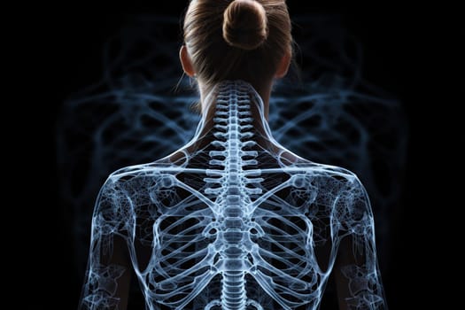 Full body x-ray of a female robot against a dark background.