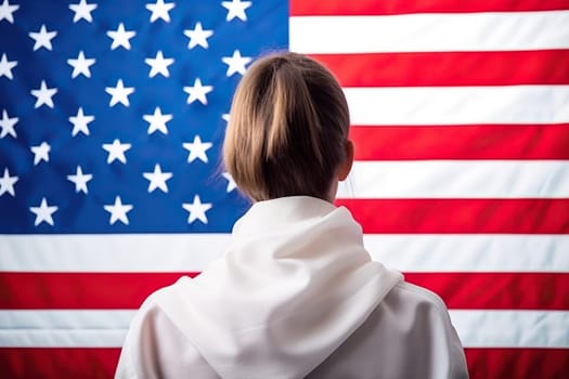Rear view of a young woman next to the US flag.