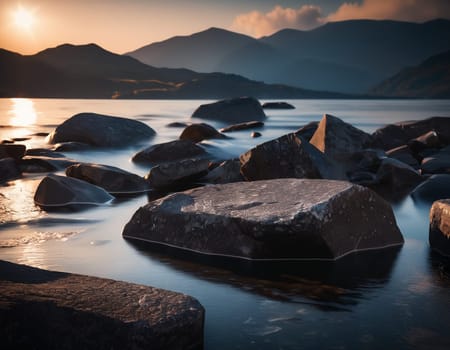 Beautiful cinematic mountain landscape with black marble and granite. High quality illustration