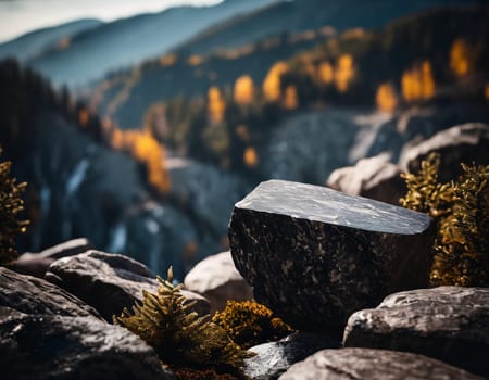 Beautiful cinematic mountain landscape with black marble and granite. High quality illustration