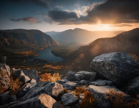 Beautiful cinematic mountain landscape with black marble and granite. High quality illustration