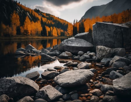 Beautiful cinematic mountain landscape with black marble and granite. High quality illustration