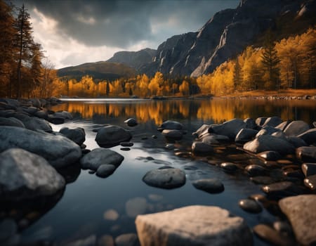 Beautiful cinematic mountain landscape with black marble and granite. High quality illustration